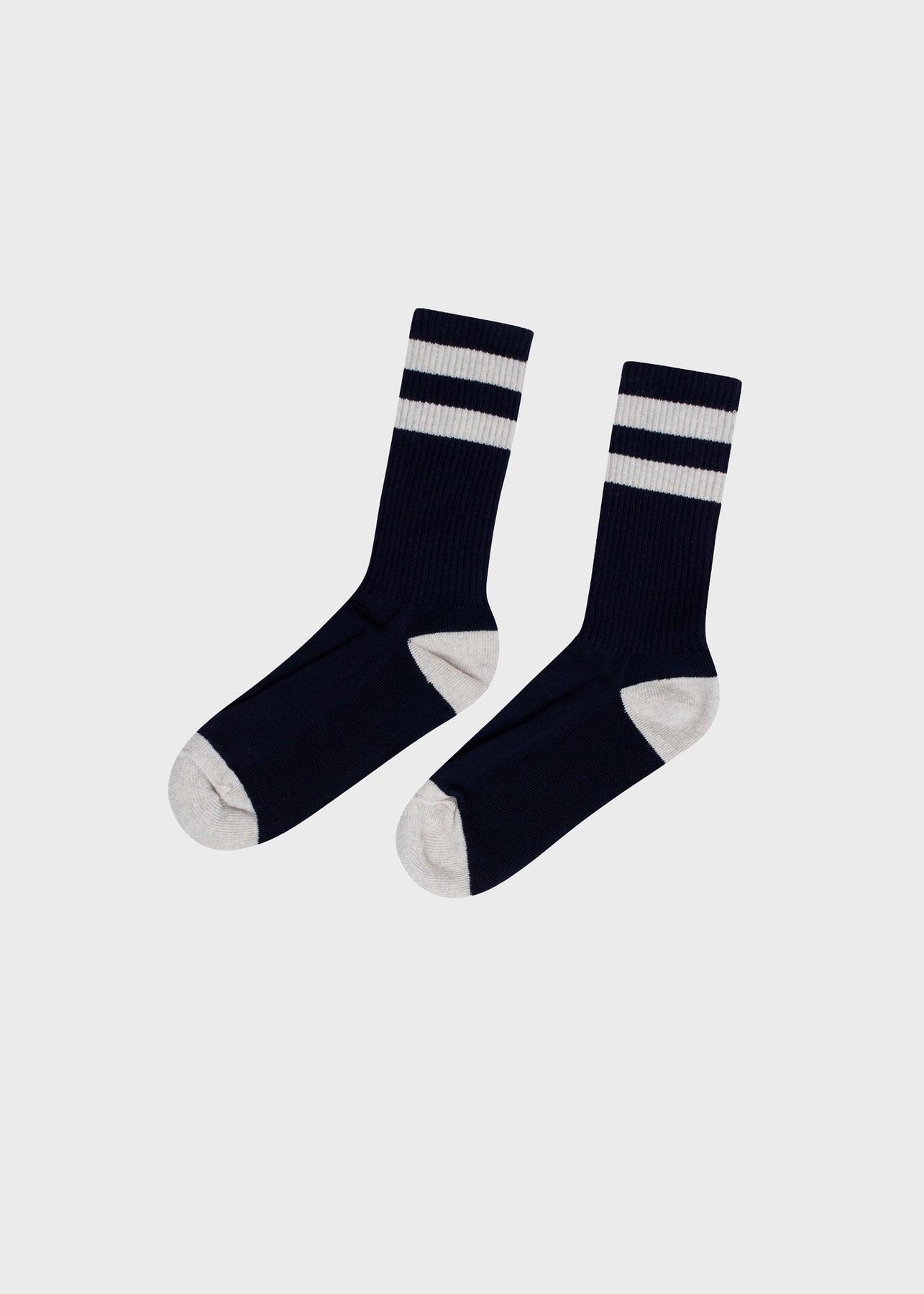 KLITMØLLER COLLECTIVE STRIPED MERINO SOCK-NAVY/PASTEL GREY - WATERKANT Store -Hamburg Ottensen Altona